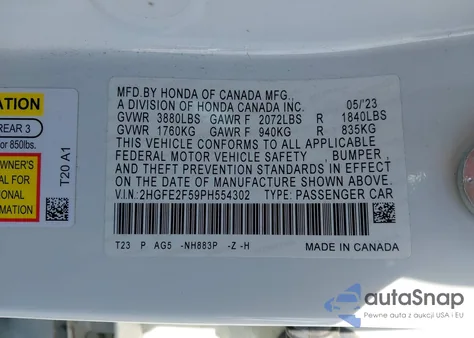 2023 Honda Civic Sport z USA, uszkodzony, nr VIN 2HGFE2F59PH554302